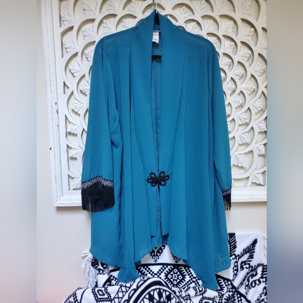 Teal Chiffon Kimono 3X NWOT Upcycled Lingerie Robe Black Embellished Lace